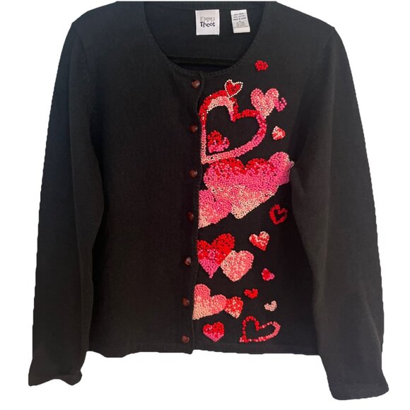 Emma Tricot Black Beaded Heart Sweater Heart Buttons Knit Cardigan Womens Sz M - Picture 1 of 12